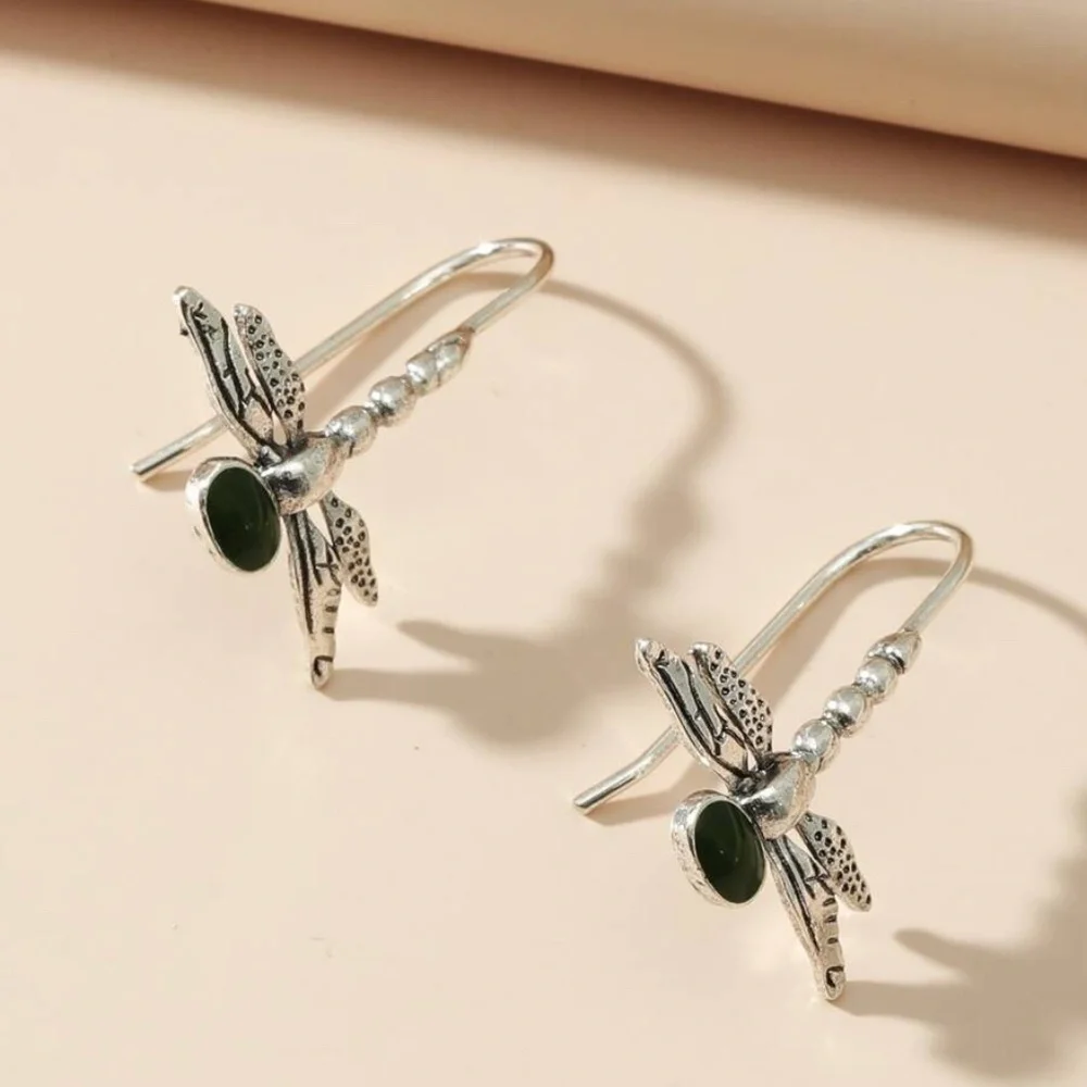 dragon fly silver green earrings